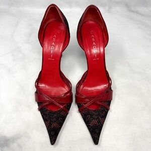 CASADEI Vintage Y2K Leather Lace Pointed Toe Stiletto Heel Pumps Gothic Red 9